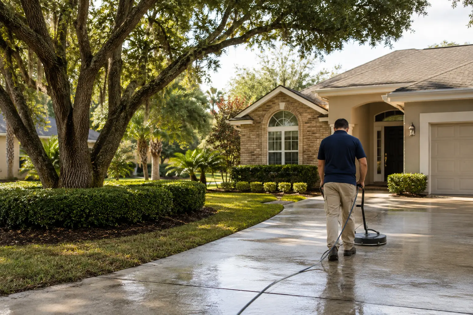 Professional driveway pressure washing at a North Florida home