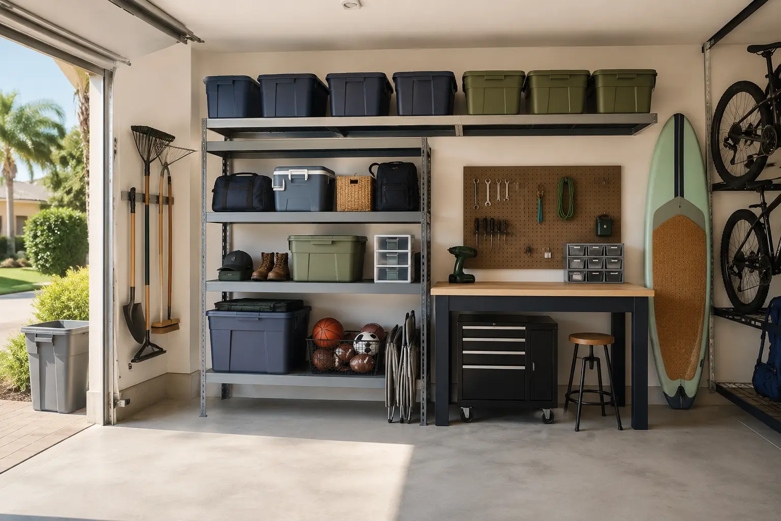 An organized residential garage with shelving, workbench, and wall storage