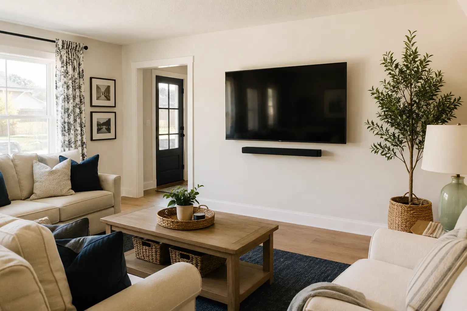 A clean wall-mounted television and soundbar setup in a bright family room